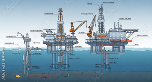 Offshore oil rig platform illustration with detailed components and subsea connections.