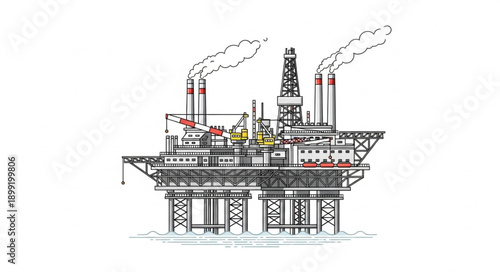 Offshore oil rig platform illustration with smoke stacks.