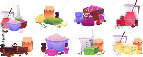 Bowl with soap ingredients, perfume liquid, flowers and berries composition vector set, handmade natural soap workshop
