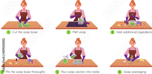 Woman making handmade natural soap, cosmetic spa product creation process by steps vector infographics design, workshop