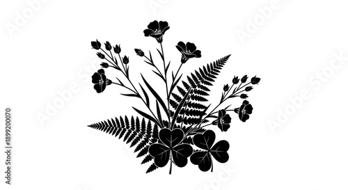 Black silhouettes of flowers and ferns arranged in a botanical illustration, viewed from directly above, showcasing intricate details.