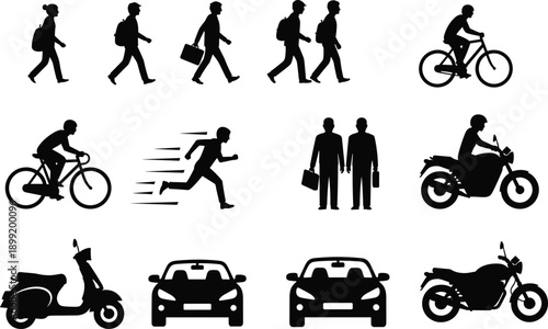 Black silhouette collection of people commuting by walking, cycling, running, and driving cars, motorcycles, and scooters on a white background, isolated