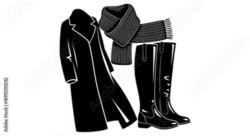 Fashionable winter clothing and accessories illustration featuring coat, boots, and scarf