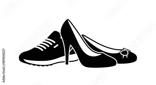 Illustration of a pair of high-heeled shoes and sneakers side by side on a plain white background