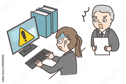 PCの警告表示に青ざめる部下と驚く上司

