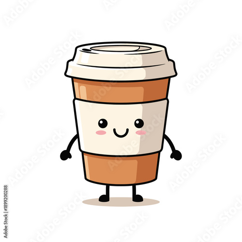 A cheerful cartoon coffee cup with a smiley face stands on a plain surface.