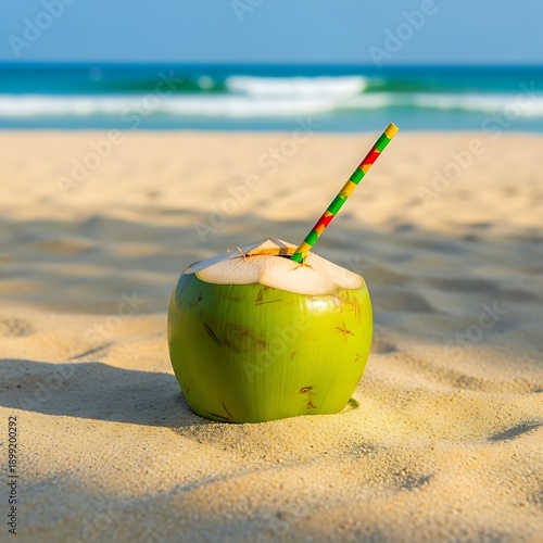 Fresh Coconut Drink on Beach.