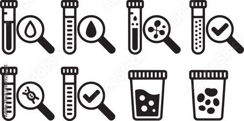 Medical laboratory research icons set with test tubes and magnifying glasses