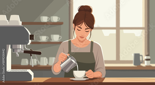 Woman in apron pouring steamed milk into a cup at a coffee shop with a large window and coffee machine.