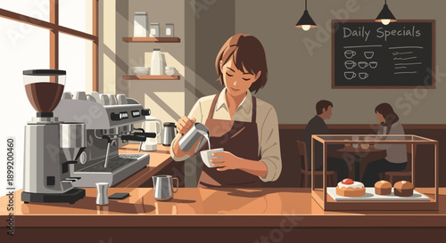 Woman pouring coffee at a modern coffee shop counter with pastries and coffee equipment indoors.