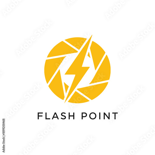 Modern camera shutter logo with lightning bolt icon for photography studio or multimedia production company featuring text Flash Point