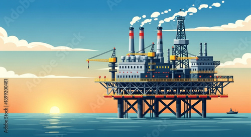 Offshore oil rig platform at sunset with smoke stacks.