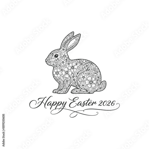 Happy Easter 2026 floral bunny zentangle illustration for greeting card and seasonal spring holiday poster design in black and white style