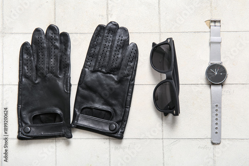 Leather male gloves, sungla...