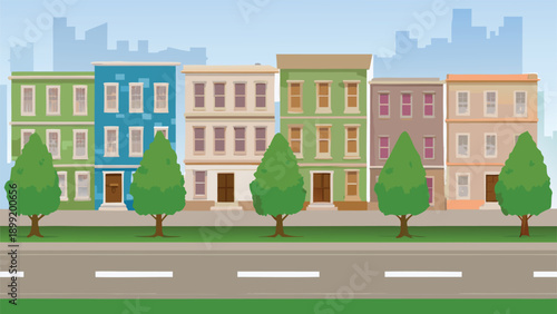 A colorful illustration depicts a street lined with quaint charming houses high quality