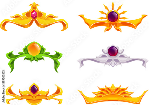 Crown with with gemstones or diamonds vector set, UI game winner award collection, medieval luxury and royal king symbol