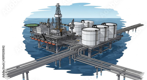 Offshore oil rig platform complex in the ocean with pipelines.