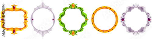A set of blank frames of various shapes: gold, green, silver, with gemstones, for game interfaces.