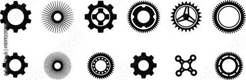 Gear silhouettes collection with cogwheel and mechanical shapes, isolated black vector engineering elements on white background set