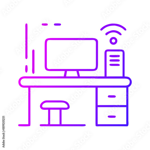 A modern workspace with a computer, chair, and a wireless router on a desk Vector