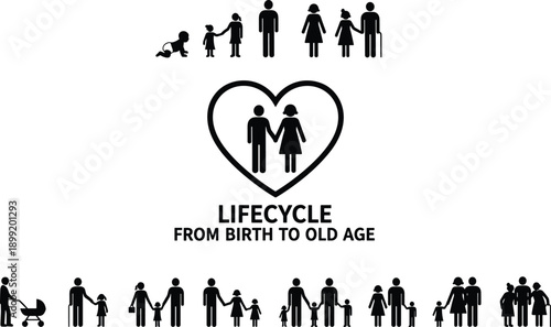 Human lifecycle silhouettes from birth to old age, family stages isolated black vector icons on white background