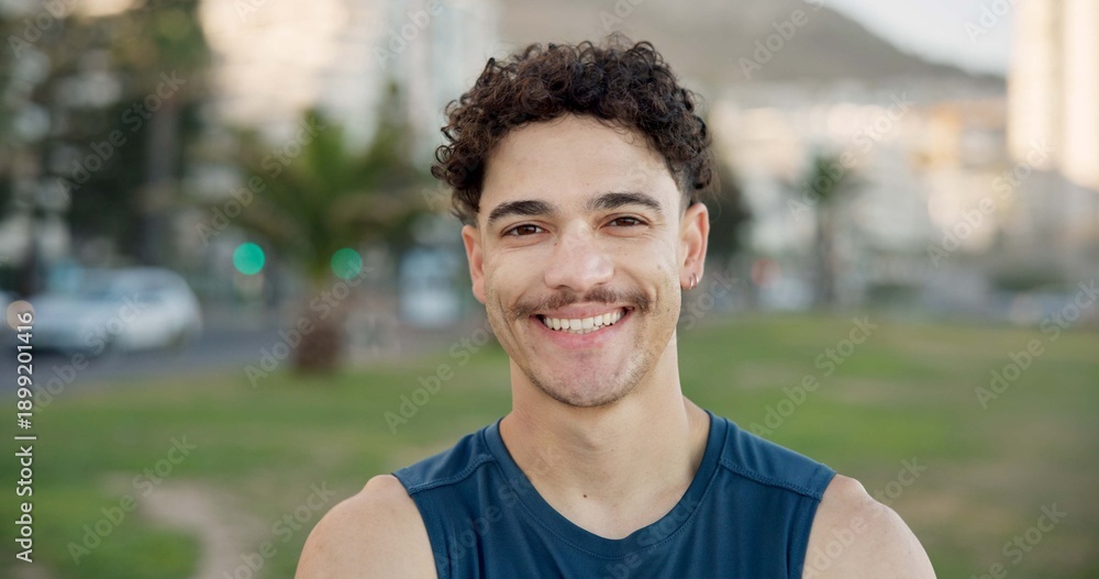 Obraz premium Portrait, man and smile for fitness outdoor with pride, exercise and cardio training. Happy, male person or confident runner for endurance workout, sports challenge and fresh air for wellness at park