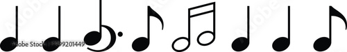 Music note silhouettes collection with quarter and eighth notes, isolated black vector symbols on white background set