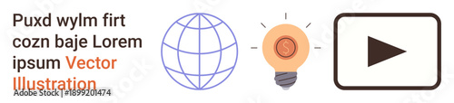 Technology, global outreach, creativity, ideas, media, communication. Globe, light bulb with coin and play icon. Features technology and creative innovation for media and global outreach