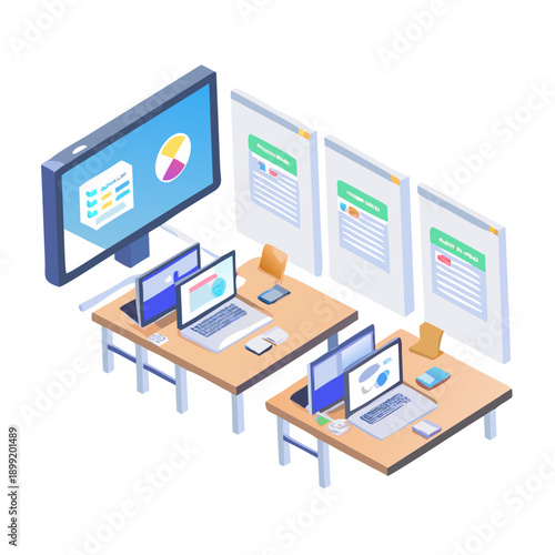 A modern classroom with students using laptops and a teacher presenting on a screen Vector