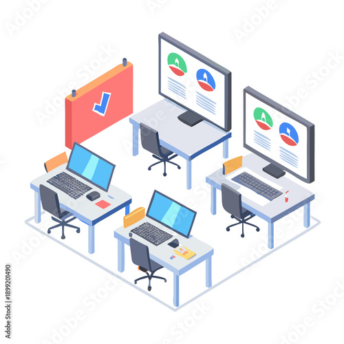 A diverse group of people working together on laptops in a modern office setting Vector