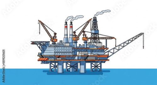 Offshore oil rig platform illustration in blue water with smoke.