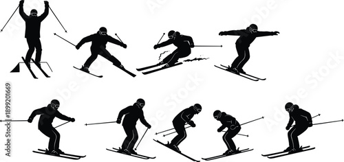 Skiing silhouettes collection in dynamic downhill poses, isolated black winter sport figures on white background vector set