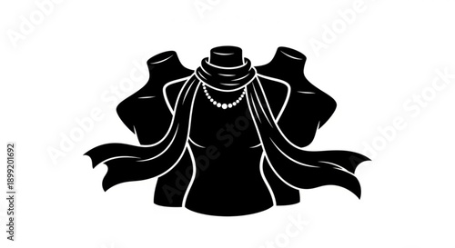 Fashion illustration of clothing mannequins with jewelry and accessories displayed in a studio setting from a front viewpoint