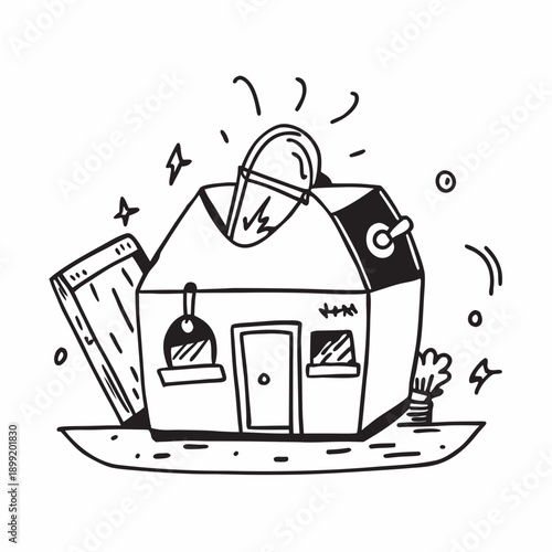 A whimsical illustration of a house with a chimney emitting a storm of papers and a cat on the roof Vector