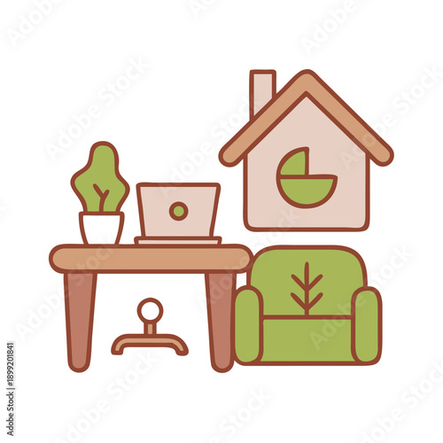 Cozy living room with a fireplace and a laptop on the table. Vector