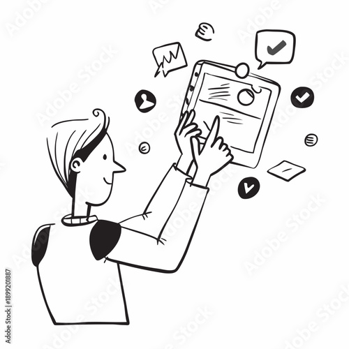 Person overwhelmed by multiple messages and notifications on various devices. Vector