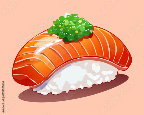 Beautiful salmon nigiri sushi topped with green roe and microgreens for high quality seafood restaurant menu - Vector Illustration