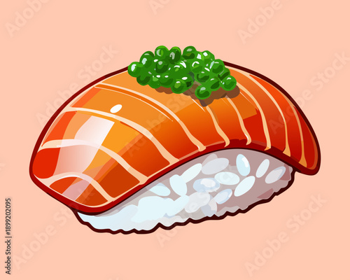 Premium salmon nigiri sushi piece topped with green caviar and microgreens on a bed of rice - Vector Illustration