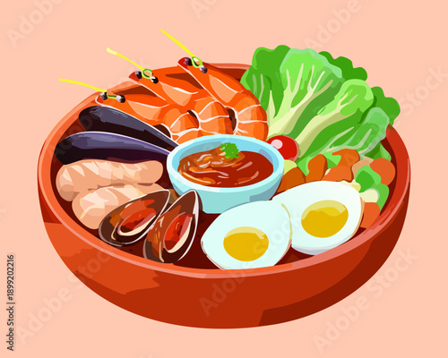 Seafood platter with grilled shrimp mussels boiled eggs and fresh salad garnish - Vector Illustration