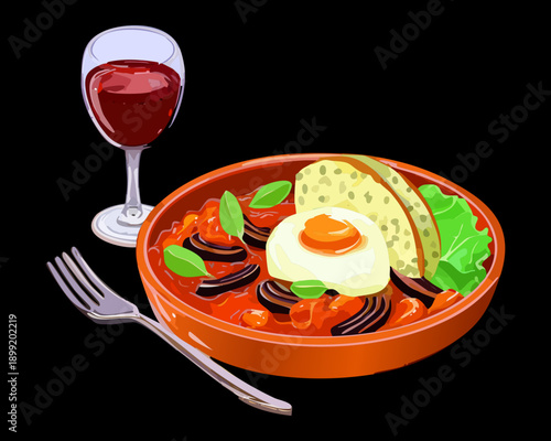 Healthy dinner bowl with fried egg vegetables and a glass of red wine - Vector Illustration