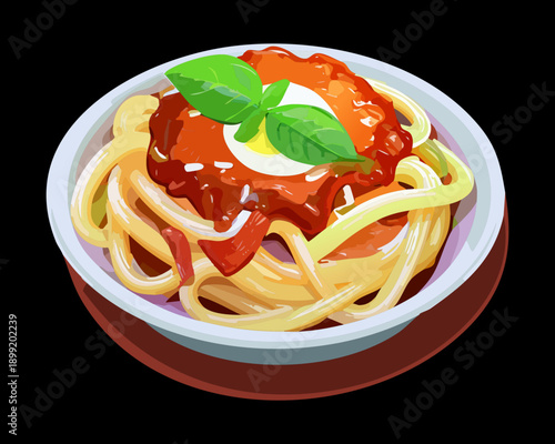 Delicious pasta bowl with thick tomato sauce and fresh herb garnish on black - Vector Illustration