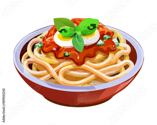 Italian spaghetti pasta bowl with red tomato sauce and fresh basil leaf - Vector Illustration