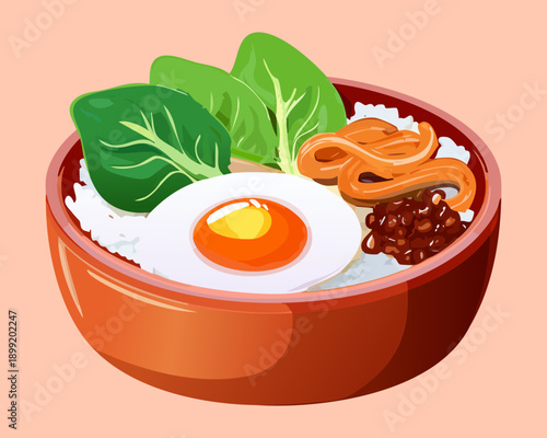 Nutritious breakfast bowl featuring fried egg fresh greens and savory sauce topping - Vector Illustration