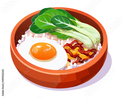 Healthy breakfast bowl with fried egg bok choy and brown rice base - Vector Illustration