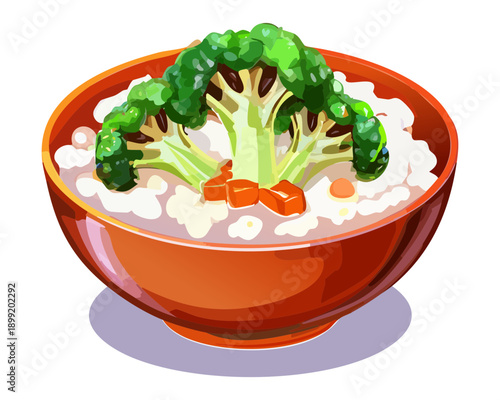 Healthy broccoli and rice bowl with fresh vegetable garnish on a pink plate - Vector Illustration