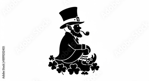 Man in top hat and coat surrounded by shamrocks, smoking pipe from a vintage illustration