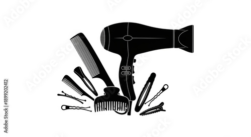 Collection of grooming tools and hair dryer arranged around a comb, showcasing salon essentials from a top-down view
