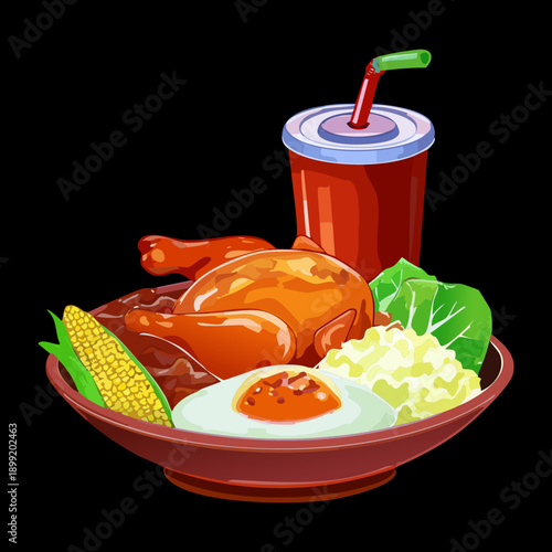 Roasted chicken and egg meal with vegetables served with a soda drink - Vector Illustration