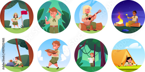 Scout children camp in nature round vector set, camping scene in round frame, tent and campfire, playing guitar, explore