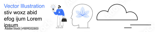 Creativity, mental health, innovation, technology, data storage, cloud computing. A person holding a light bulb, a cloud icon and a human head with a plant. Creativity and mental health concepts